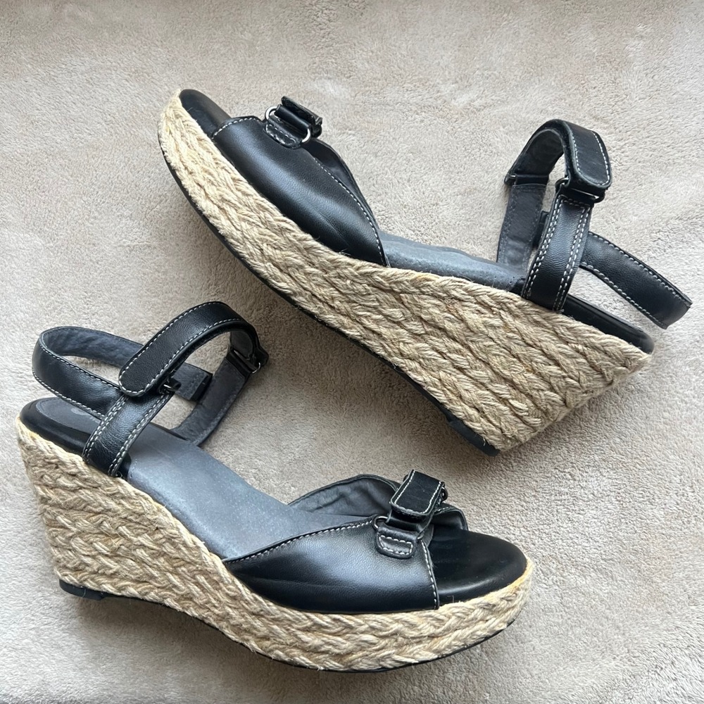 SoftWalk Women 9.5 M Black Leather‎ Espadrille Platform Wedge Sandals Comfort